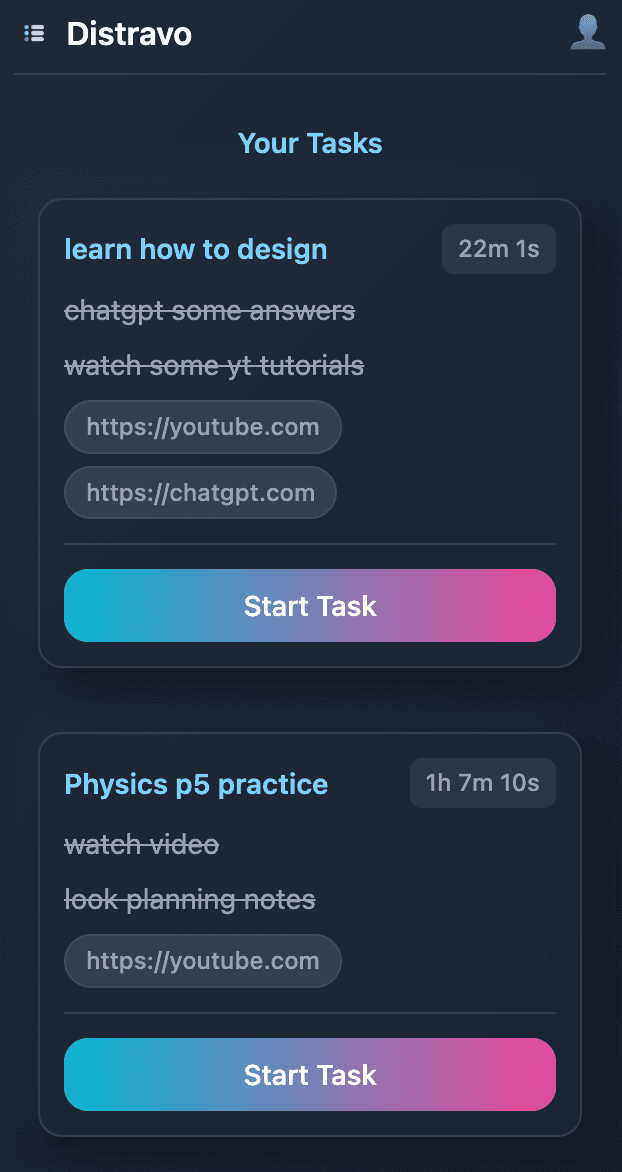 Distravo task management interface